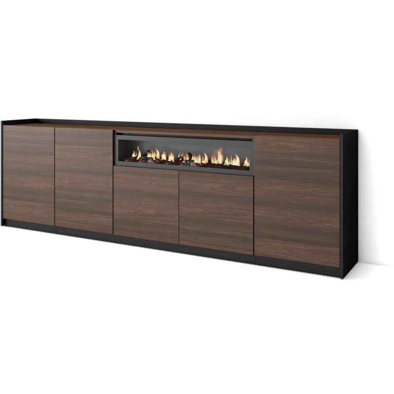 Skraut Home - Sideboard, Highboard, Kommode, Komodenschrank, 260x80x37 cm, 5 Türen, Elektrokamin., Moderner Stil, Dunkler Eiche und Schwarz