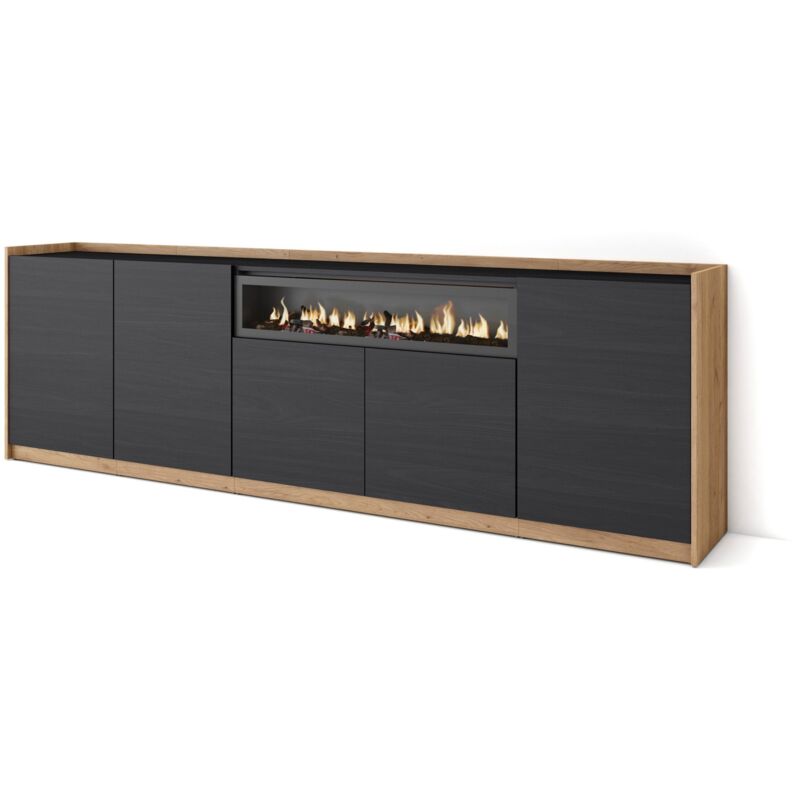 Skraut Home - Sideboard, Highboard, Kommode, Komodenschrank, 260x80x37 cm, 5 Türen, Elektrokamin., Moderner Stil, Schwarz Eiche