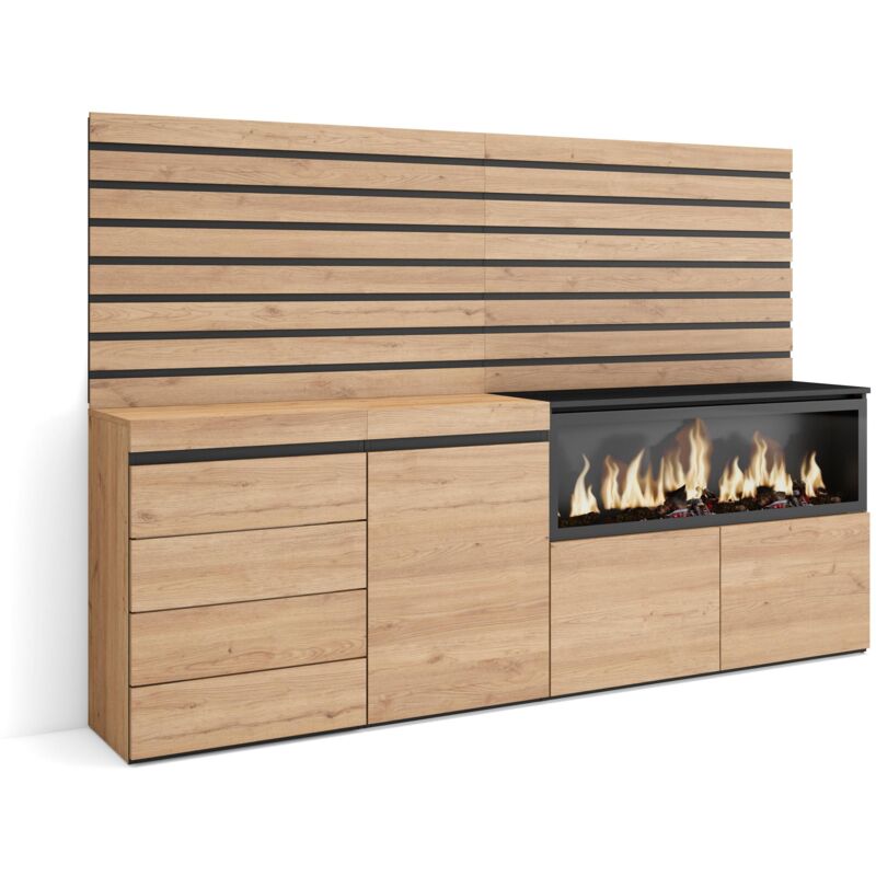 Sideboard, Kommode, Aufbewahrungsschrank, 214x145x35 cm, Für Schlafzimmer, Zimmer, Elektrokamin xxl, Kommode mit Schubladen, Moderner Stil, Eiche