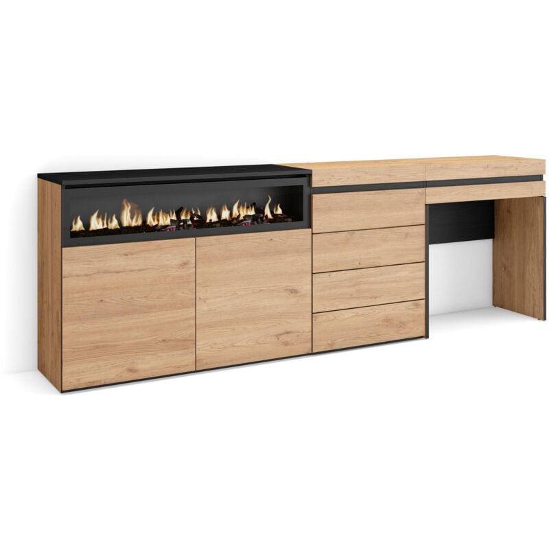 Sideboard, Kommode, Aufbewahrungsschrank, 227x75x35 cm, Für Schlafzimmer, Zimmer, Elektrokamin., Kommode mit Schubladen, Schminktisch, Moderner Stil,
