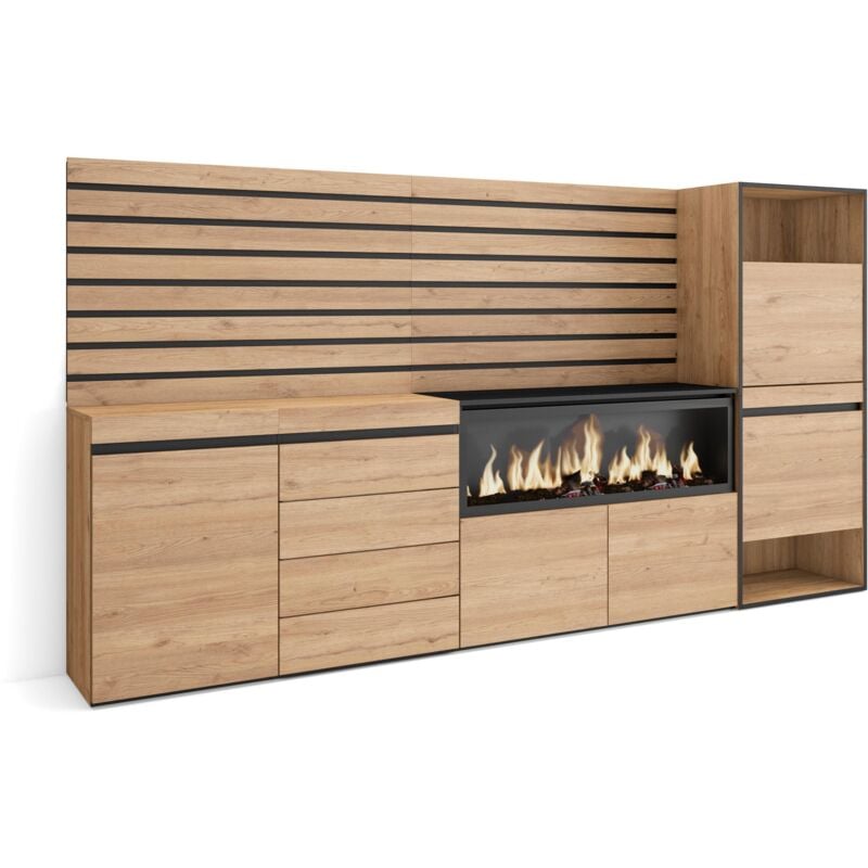 Sideboard, Kommode, Aufbewahrungsschrank, 274x145x35 cm, Für Schlafzimmer, Zimmer, Elektrokamin xxl, Kommode mit Schubladen, Schuhschrank, Moderner