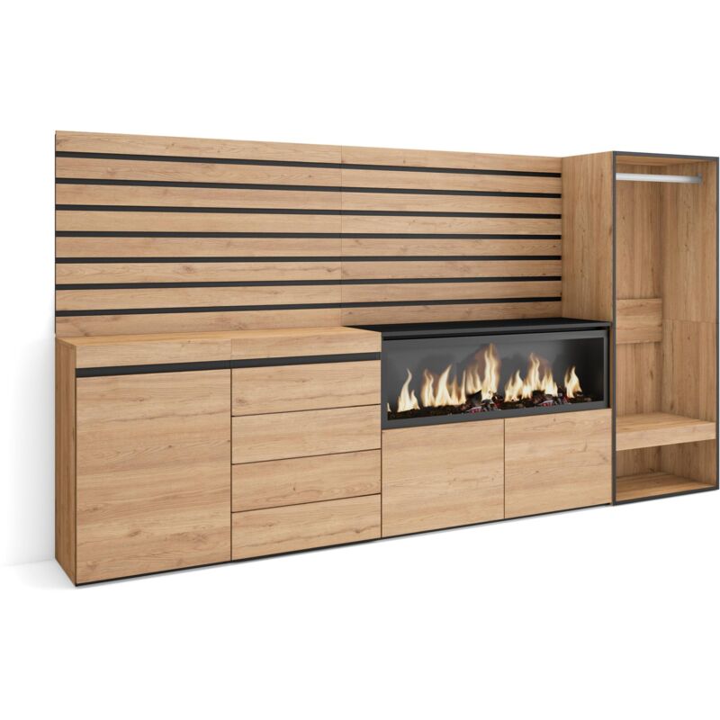 Sideboard, Kommode, Aufbewahrungsschrank, 274x145x35 cm, Für Schlafzimmer, Zimmer, Elektrokamin xxl, Kommode mit Schubladen, Offener Kleiderschrank,