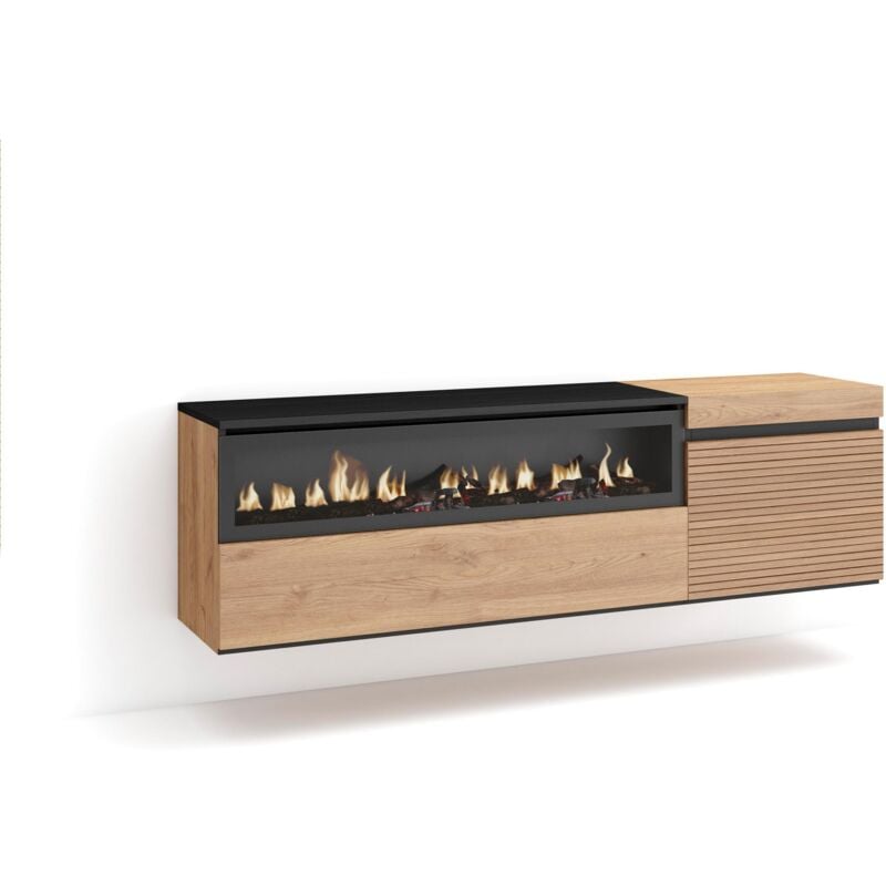 Skraut Home - TV-Schrank, Lowboard, für Wohnzimmer und Esszimmer, 150x45x35cm, Für TV-Geräte bis zu 65', Elektrokamin. , Hängend, Moderner Stil, Eiche