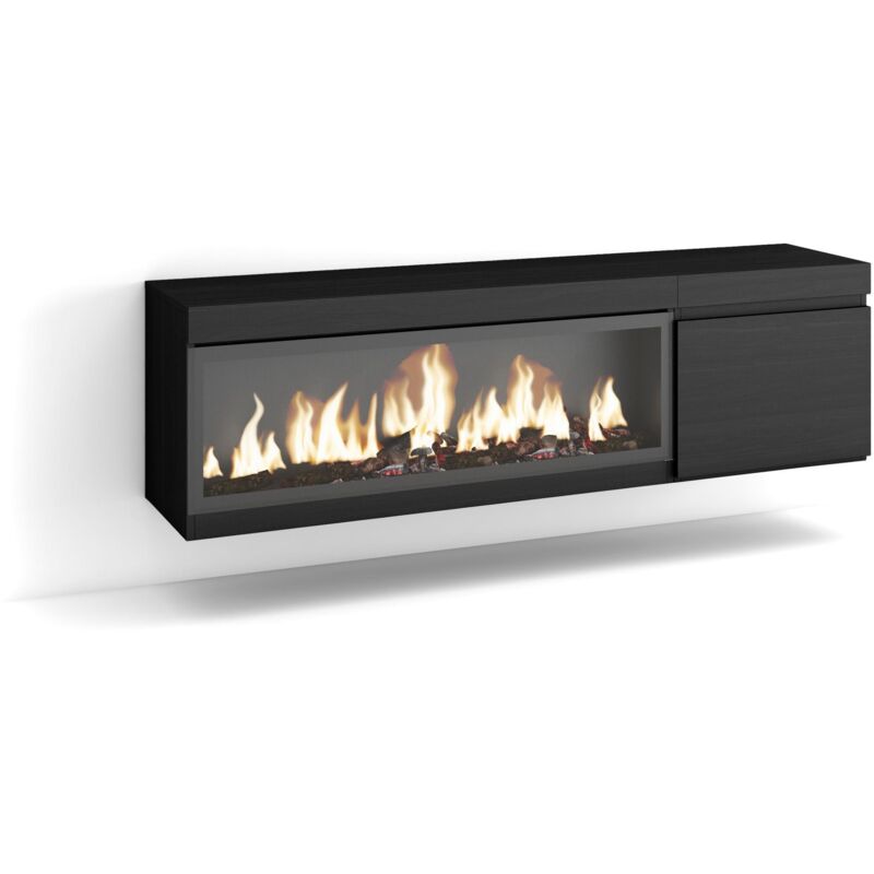 TV-Schrank, Lowboard, für Wohnzimmer und Esszimmer, 160, Für TV-Geräte bis zu 65', Elektrokamin xxl, Hängend, Moderner Stil, Schwarz - Skraut Home