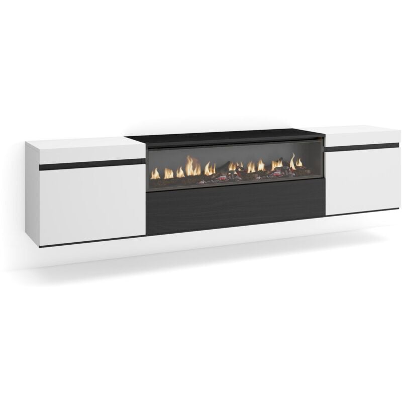 Skraut Home - TV-Schrank, Lowboard, für Wohnzimmer und Esszimmer, 200x45x35cm, Für TV-Geräte bis zu 80', Elektrokamin. , Hängend, Moderner Stil, Weiß