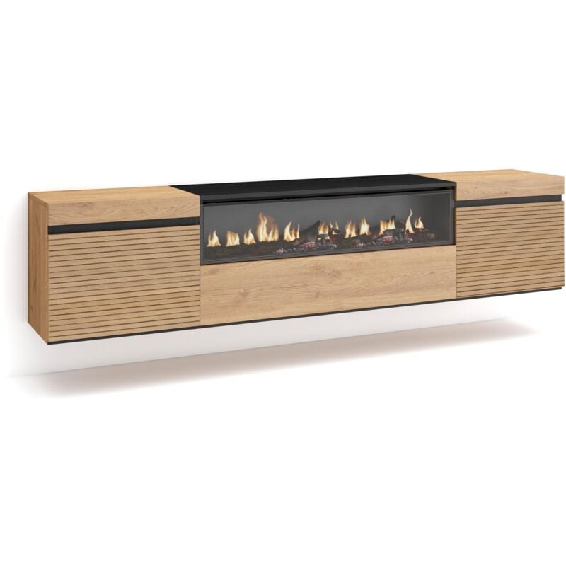 Skraut Home - TV-Schrank, Lowboard, für Wohnzimmer und Esszimmer, 200x45x35cm, Für TV-Geräte bis zu 80', Elektrokamin. , Hängend, Moderner Stil, Eiche