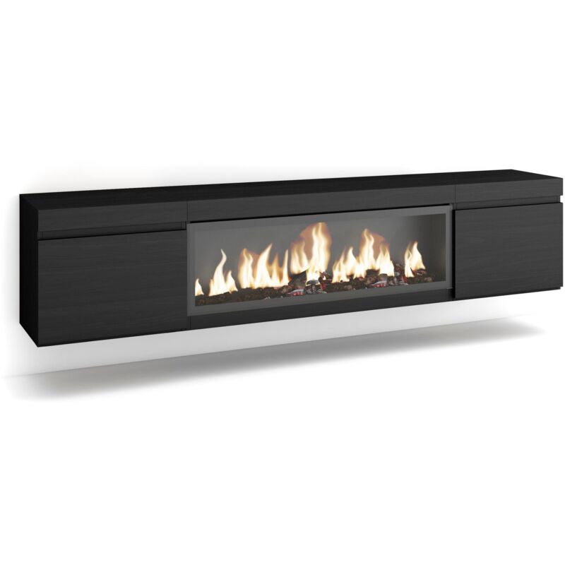 TV-Schrank, Lowboard, für Wohnzimmer und Esszimmer, 210, Für TV-Geräte bis zu 80', Elektrokamin xxl, Hängend, Moderner Stil, Schwarz - Skraut Home
