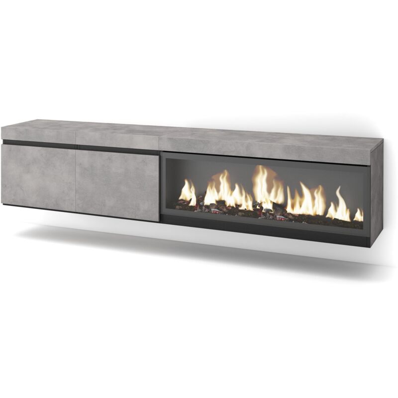 Skraut Home - TV-Schrank, Lowboard, für Wohnzimmer und Esszimmer, 210, Für TV-Geräte bis zu 80', Elektrokamin xxl, Hängend, Moderner Stil, Zementgrau