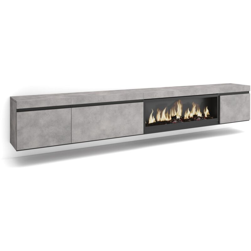 Skraut Home - TV-Schrank, Lowboard, für Wohnzimmer und Esszimmer, 288x45x35 cm, Für großformatiges TV, Elektrokamin XXL, Hängend, Moderner Stil,