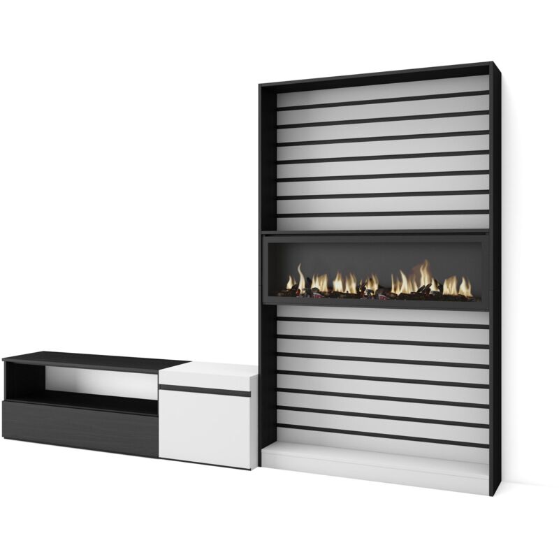 Wohnwand Wohnzimmer, Wohnzimmermöbel, Möbelset, 260x186x35cm, Für TV-Geräte bis zu 65', Elektrokamin. Maße, Moderner Stil, Weiß und Schwarz - Skraut