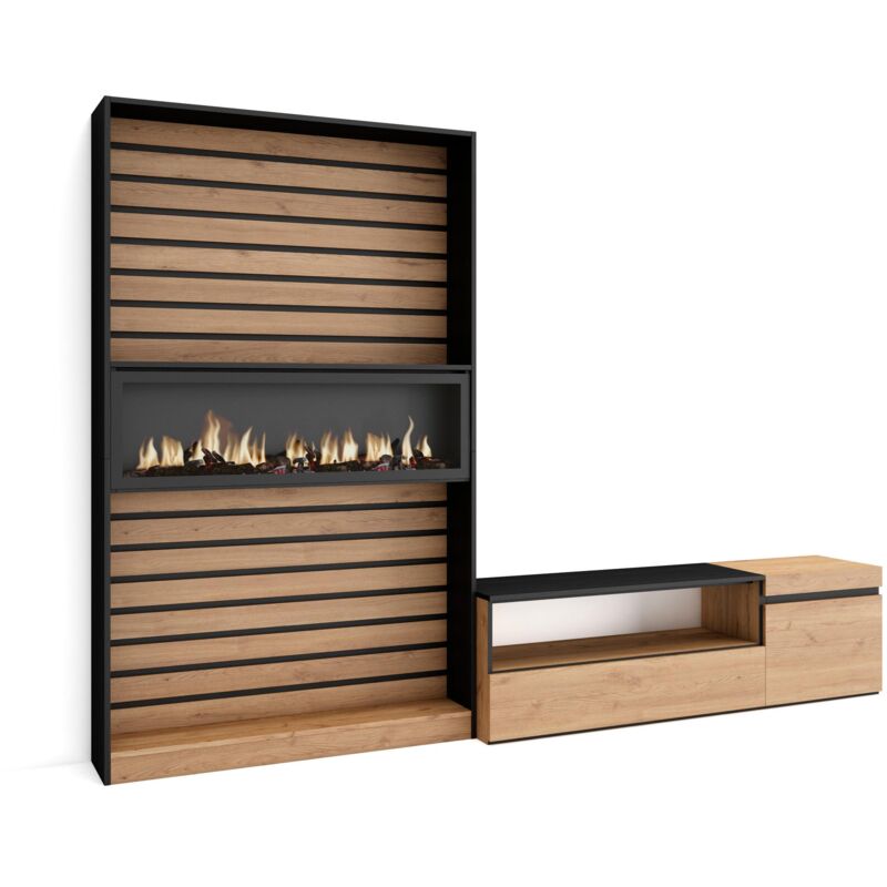 Wohnwand Wohnzimmer, Wohnzimmermöbel, Möbelset, 260x186x35cm, Für TV-Geräte bis zu 65', Elektrokamin, Moderner Stil, Eiche Schwarz - Skraut Home