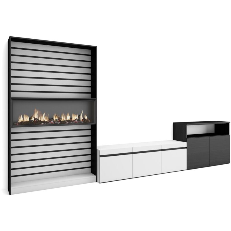 Wohnwand Wohnzimmer, Wohnzimmermöbel, Möbelset, 360x186x35cm, Für TV-Geräte bis zu 65', Elektrokamin, Moderner Stil, Weiß und Schwarz - Skraut Home