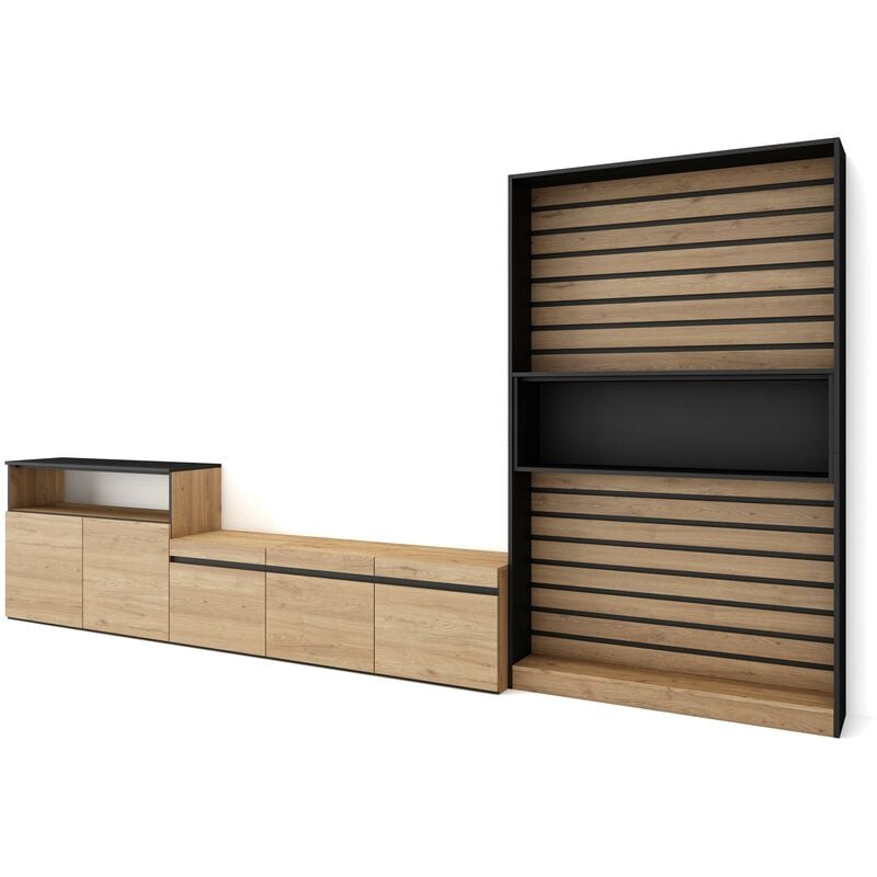 Wohnwand Wohnzimmer, Wohnzimmermöbel, Möbelset, 360x186x35cm, Für TV-Geräte bis zu 65', Wohnzimmer Möbel , Moderner Stil, Eiche Schwarz - Skraut Home