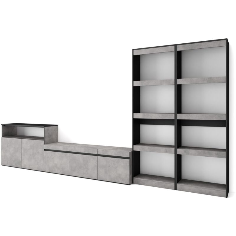 Wohnwand Wohnzimmer, Wohnzimmermöbel, Möbelset, 370x186x35cm, Für TV-Geräte bis zu 65', Wohnzimmer Möbel , Moderner Stil, Zementgrau - Skraut Home