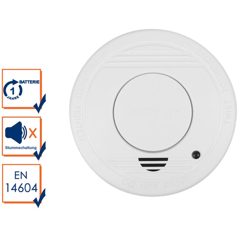 Rauchmelder mit 1 Jahres Batterie - Stummschaltfunktion EN14604
