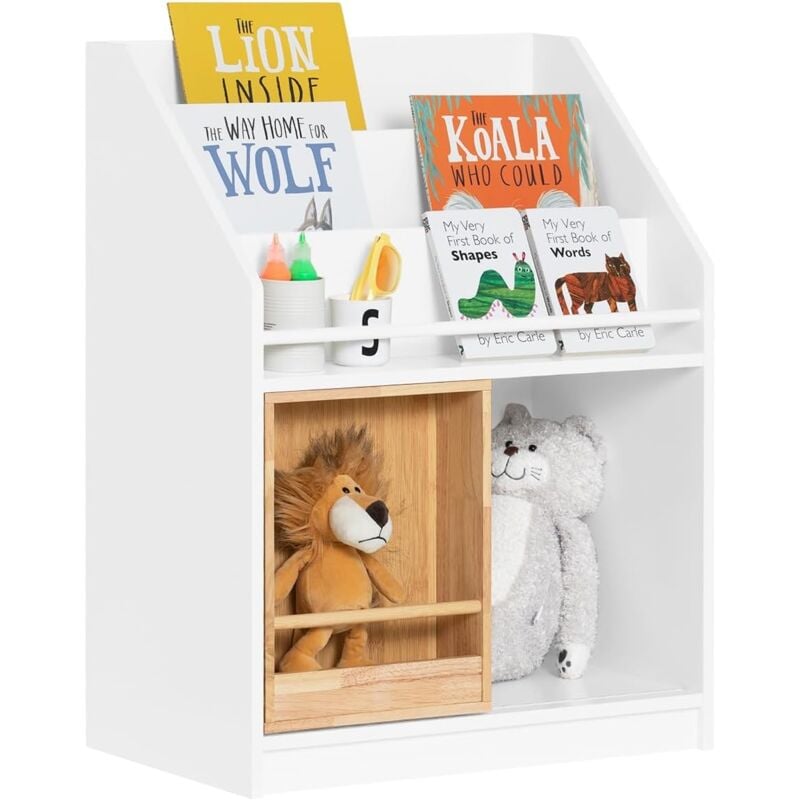 Sobuy - KMB98-W Kinderregal mit Schiebetür Bücherregal Kinderzimmer Regal Aufbewahrungsregal für Kinder Kinderzimmer Möbel Weiß-Natur bht ca.