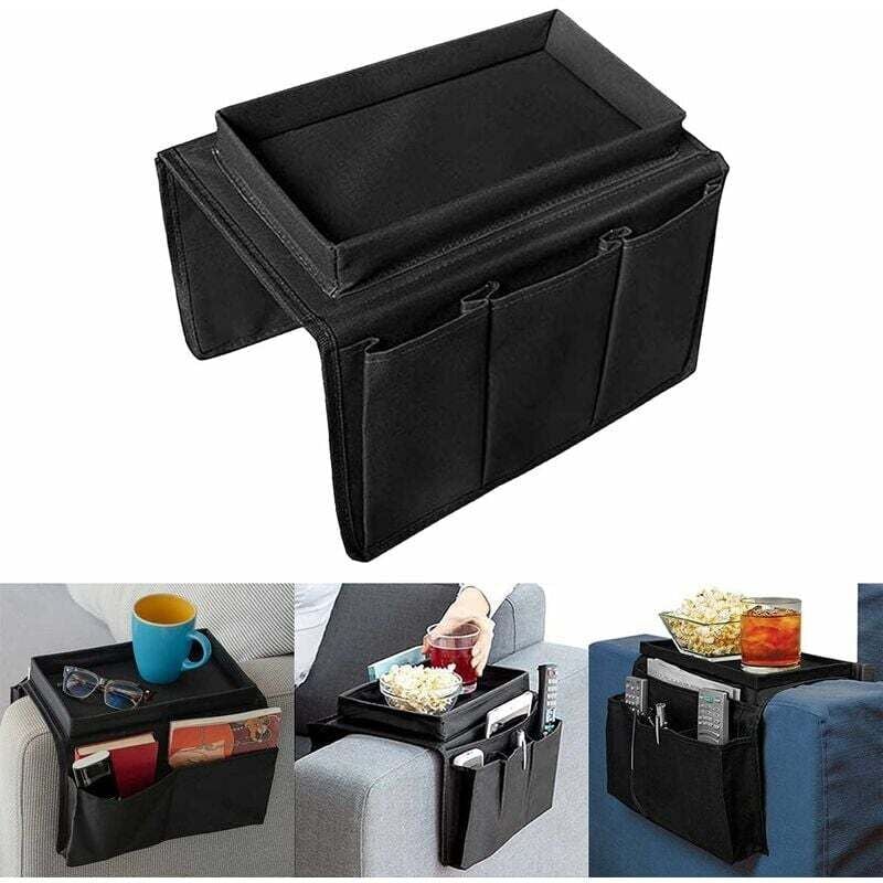 Sofa-Armlehnen-Organizer, Ablageleiste, mehrere Taschen, Telefon, Zeitschriften, Snacks, Gläser, Fernbedienung, Tablet, Becheraufbewahrung (schwarz)