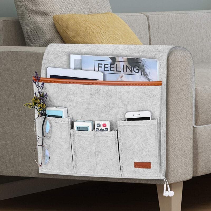 Sofa-Armlehnen-Organizer, Stuhlschutzhülle, rutschfeste Aufbewahrungstasche für Fernbedienung, Zeitschriften, iPad, Handy, Brille (Grau)