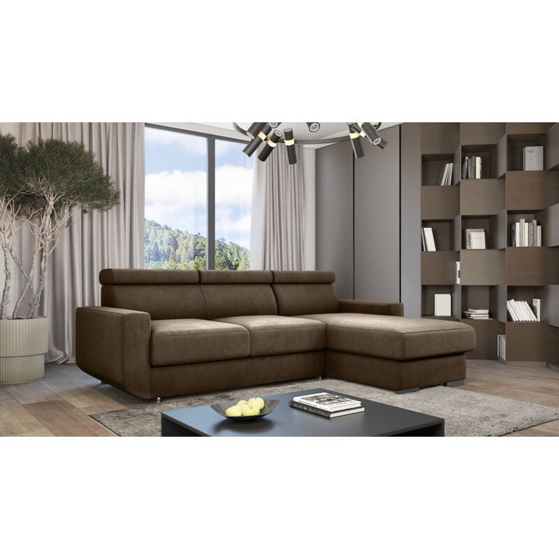 Sofa mit Bettkasten Braga - Ecksofa mit Schlaffunktion - Ottomane rechts freistehend - Eckcouch, Sofa L-Form - Samtstoff (Braun - Monolith 09)