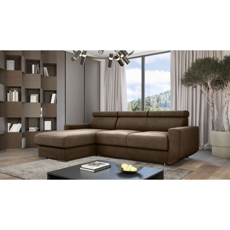 Sofa mit Bettkasten Braga - Ecksofa mit Schlaffunktion - Ottomane links freistehend - Eckcouch, Sofa L-Form - Samtstoff (Braun - Monolith 09)