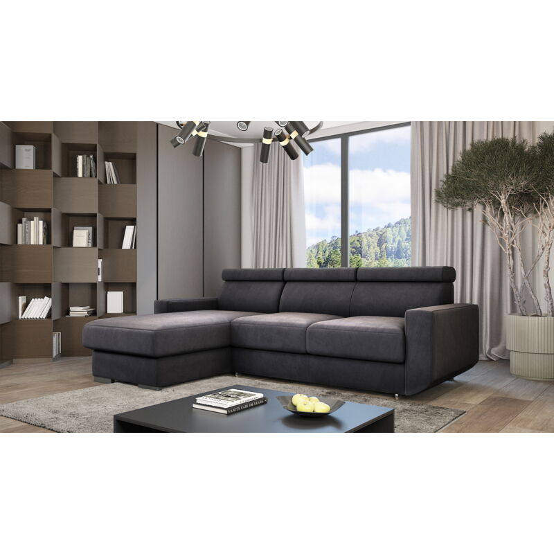 Sofa mit Bettkasten Braga - Ecksofa mit Schlaffunktion - Ottomane links freistehend - Eckcouch, Sofa L-Form - Samtstoff (Dunkelgrau - Monolith 95)