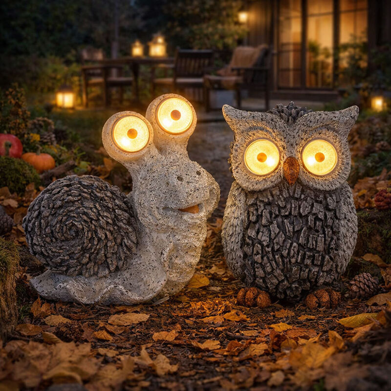 Solar Gartenskulptur für Außen Gartendeko Schnecke Eule Figur Skulptur grau Akku, 1x Schnecke und 1x Eule, Kunststoff, 2x led 3000K, 2er Set