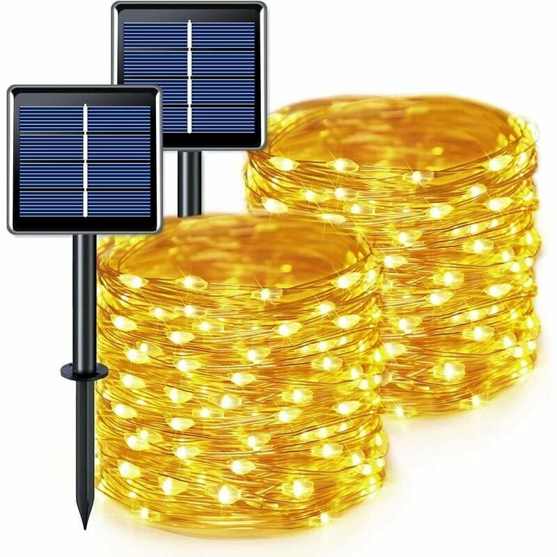 Solar-Lichterkette, 2 Stück, 200 LED-Solar-Lichterkette, wasserdicht, 20 m, Warmweiß mit 8 Modi, Solar-Kupferdraht-Lichterkette für Garten, Terrasse,