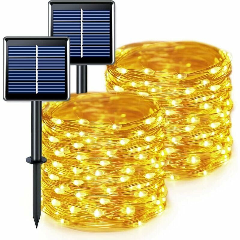 Solar-Lichterkette, 2er-Pack, 300 LEDs, wasserdichte Solar-Lichterkette, 32 m, warmweiß mit 8 Modi, Solar-Lichterkette aus Kupferdraht für Garten,