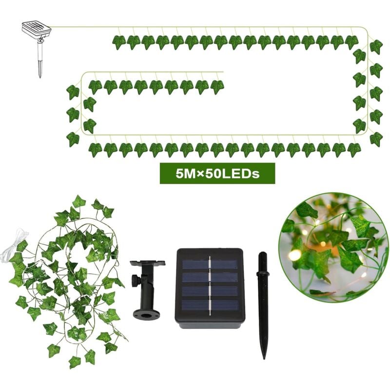 Solar-Lichterkette, 5 m, 50 LEDs, künstliche Efeu-Lichterkette für Garten, Hof, Haus, Terrasse, Feiern im Freien, Hochzeitsfeier-Dekoration,