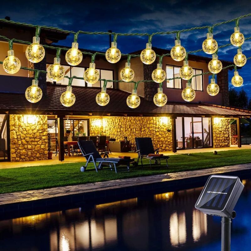 Solar-Lichterkette für den Außenbereich, 6,5 m, 30 LEDs, Solar-Kristallkugel-Lichterkette, 8 Modi, wasserdicht, für drinnen und draußen, für Garten,