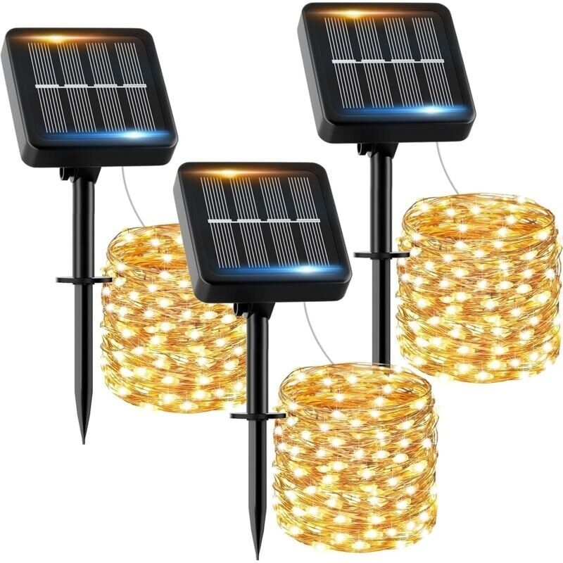 Solar-Lichterkette für draußen, 12 m, 120 LEDs, 3 Stück: Solar-Lichterkette für draußen, wasserdicht, warmweiß, 8 Modi, Solarlicht-Dekoration für