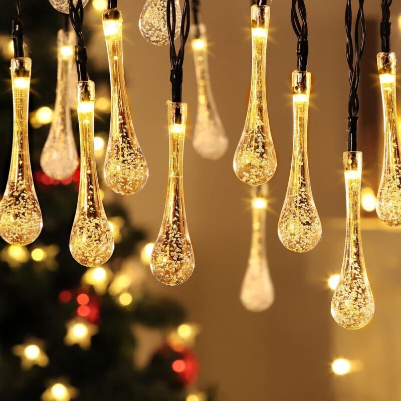 Solar-Lichterkette für draußen, warmweiße Weihnachtsbeleuchtung, 30 LEDs, 6,5 m, Wassertropfenform, wasserdicht, für Haus, Schlafzimmer, Garten,