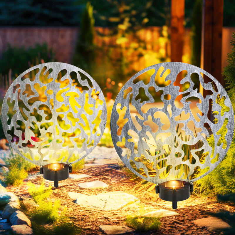 Solar Steckleuchte Solarlampe rund Außenlampe Gartendeko Erdspieß, Lichteffekt, Metall silber antik, 2x led warmweiß, LxBxH 30x10x41 cm, 2er Set