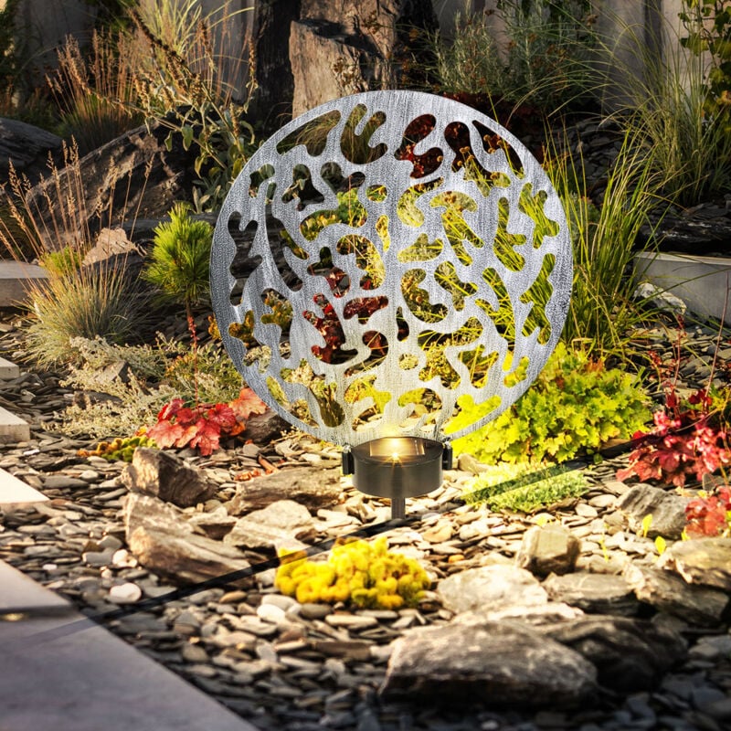 Solar Steckleuchte Solarlampe rund Außenlampe Gartendeko Erdspieß, Lichteffekt, Metall silber antik, 2x led warmweiß, LxBxH 30x10x41 cm