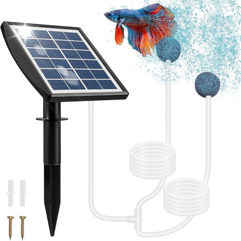 KZQ - Solar Teichpumpe, 2W Solar Teichpumpe mit 2200mAh Akku, Teichluftpumpe mit Sauerstoffschlauch und 2 Luftsprudelsteinen