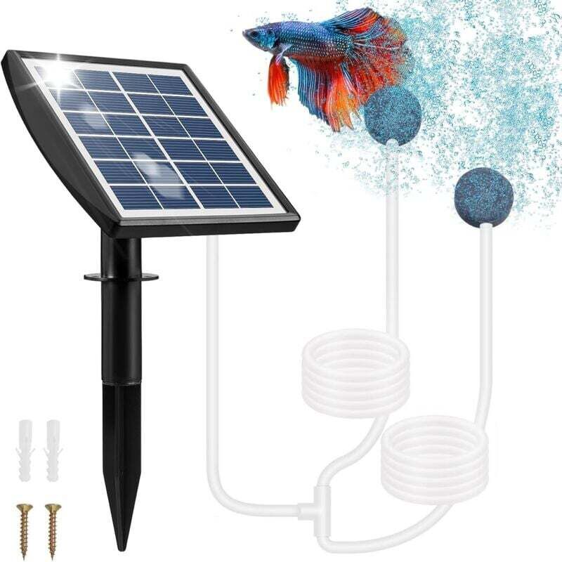 Solar Teichpumpe, 2W Solar Teichpumpe mit 2200mAh Akku, Teichluftpumpe mit Sauerstoffschlauch und 2 Luftsprudelsteinen