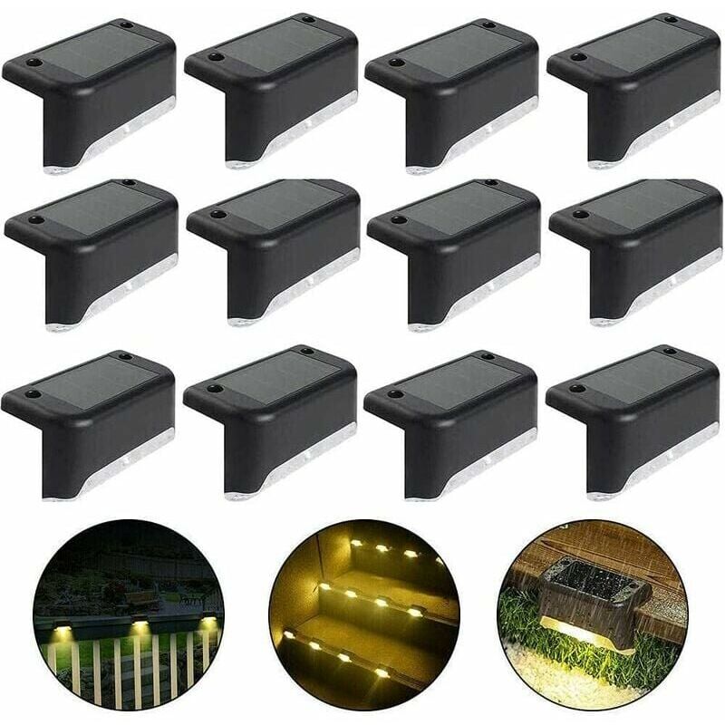 Solar-Zaunleuchte, Solar-Deckleuchte, Solar-Treppenleuchte, IP65-LED-Solar-Gartenleuchten für Terrassentreppenzaun (warmes Licht, schwarz, 12er-Pack)