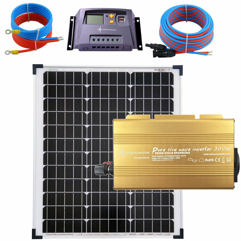 Solaranlage 50 Watt 12V Set mit Spannungswandler Laderegler 10A gelb Kabel 5 Meter Set