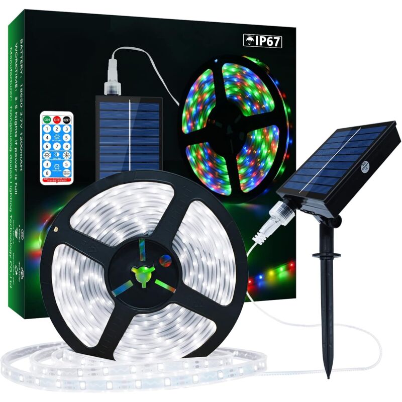 Solar-LED-Streifen für den Außenbereich, 5 m, 280 LEDs, wasserdichter IP67-LED-Streifen, kaltweiße LED-Leuchten mit Fernbedienung, 8