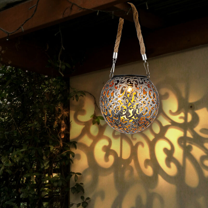 Solarlampe Hängeleuchte Gartendeko led Garten rund Außenleuchte Tisch Pendellampe im Kugeldesign, Metall kupfer silber, 1x led, DxH 12x26 cm