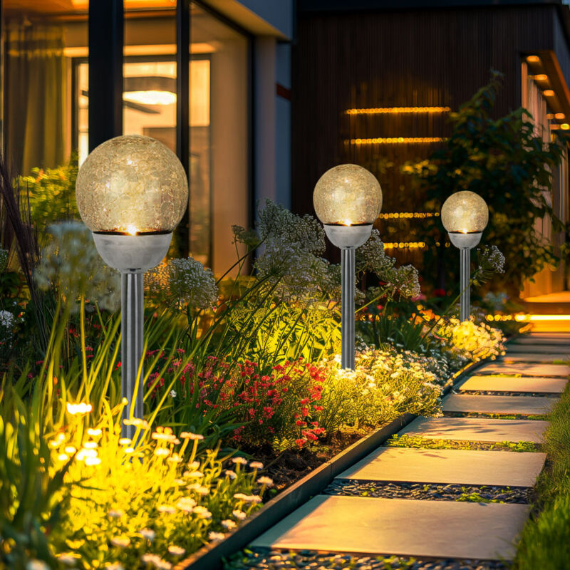 Solarlampe LED Außenleuchte Gartendeko Erdspieß Terrassenlampe Solardeko Bruchglas Kugel, warmweiß, DxH 12 x 56 cm, 3er Set