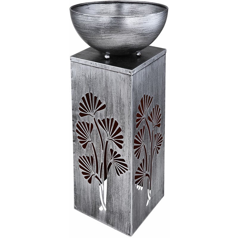 Solarlampe silber Dekosäule antik Retro Pflanzschale, Gartendeko Blumen Beleuchtung Außenlampe, Metall, 1x LED 3000K warmweiß, LxBxH 25x25x59 cm