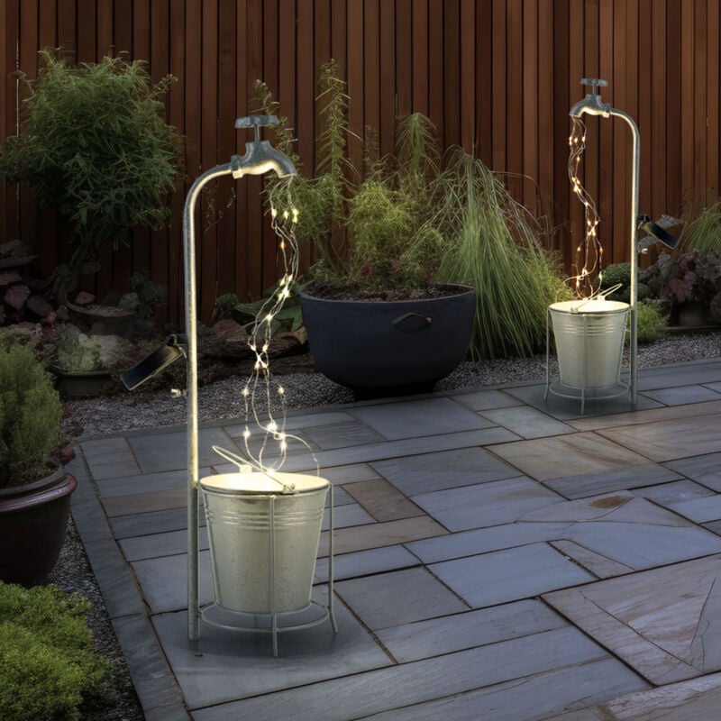 Expo Börse - Solarlampe Wasserhahn 30x led Gartendeko Außenlampe Terrassenlampe, Metall Kunststoff silber, warmweiß, LxH 17x62 cm, 2er Set