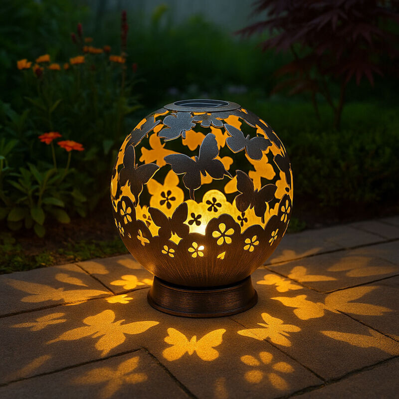 Solarlampen für Außen Balkon Deko Gartendeko Metall Solarleuchte Outdoor, Schmetterling Blumen Design, schwarz, led, DxH 20 x 22,5 cm