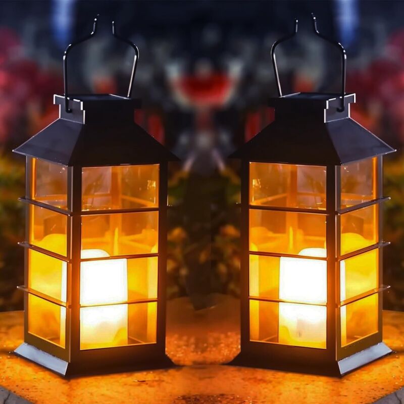Solarlaterne Outdoor Garten, 2 Stück Solarlampe Outdoor mit Flammeneffekten, IP44 wasserdichte Solarlaternen für Tisch Terrasse Hof Zaun Auffahrt