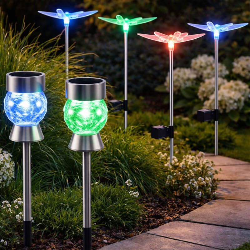 Solarleuchte Außen Stecklampe Gartendeko RGB Farbwechsel Libelle Glaskristalle Schmetterling, Edelstahl Kunststoff, LED Farbwechsel, 6er Set