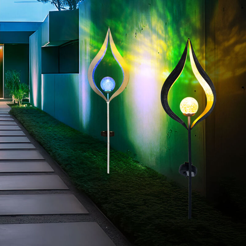 Solarleuchte blau silber Außenlampe Solar bronze Gartendeko Flamme Solarlampe, Crackleglas Metall, LxBxH 17,5x6x90 cm, 2er Set