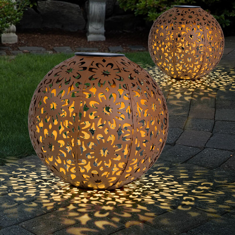 Solarleuchte für Außen Kugel Solar Gartendeko Solarlampe rost Erdspieß, Blumen Dekorstanzungen, Metall, led warmweiß, d 20 cm, 2er Set