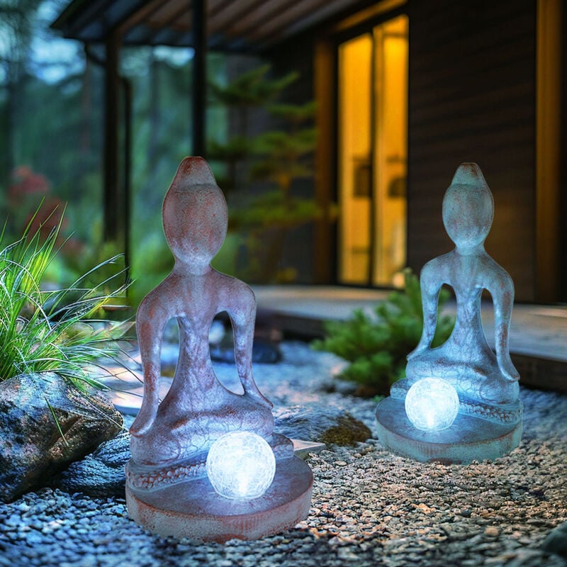 Solarleuchte Gartendeko Außenleuchte Gartenfigur Buddha Deko wetterfest, Kunststoff Glas grau bronze, 1x LED 6000K kaltweiß, H 30 cm, 2er Set