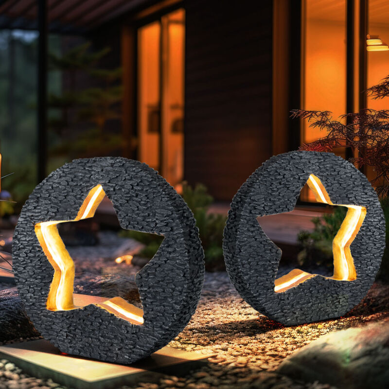 Solarleuchte Gartendeko für Außen Tischdeko Solarleuchte goldfarben Stein-Stern Optik, grau rund, led warmweiß, LxH 31x29,5 cm, 2er Set
